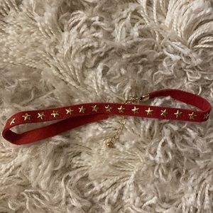 Red Suede Leather Star Studded Choker Necklace
